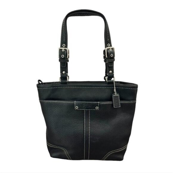 Coach Black Pebbled Leather Tote Bag Women’s Shoulder Bag Silver Hardware Buckle - Picture 2 of 16